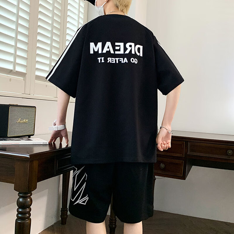 列迅圆领短袖t恤男生夏季休闲运动套装青少年潮牌酷帅穿搭两件套衣服T 5813白色 S (约70~85斤可穿)