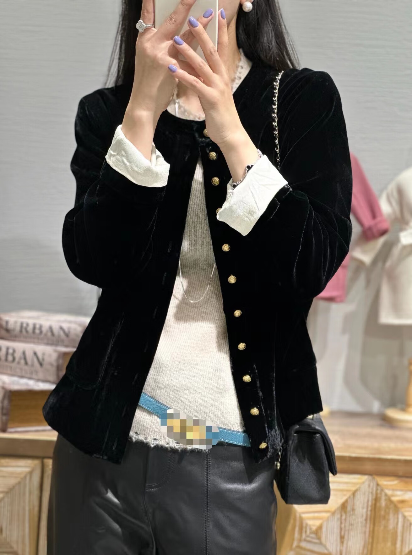 米诗德真丝丝绒夹克女欧货真丝丝绒外套女2023秋冬新款黑色圆领上衣