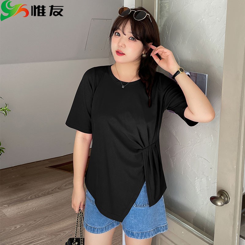 惟友大码t恤 女 宽松胖mm胖妹妹夏装个性遮肉上衣 黑色 p3建议160-180