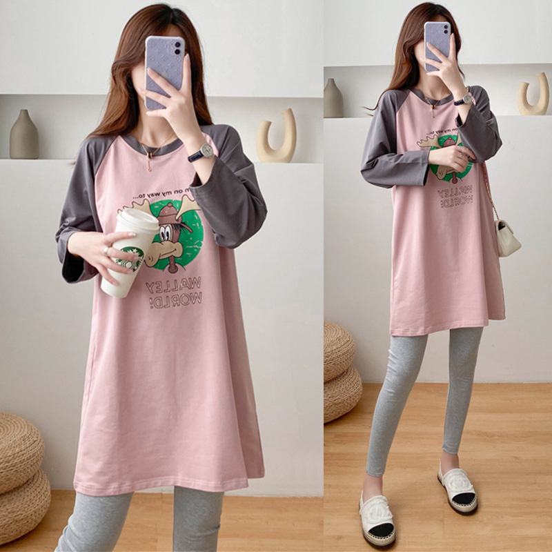 木宸 孕妇装秋装新款孕妇连衣裙韩版宽松哺乳衣外出长袖上衣春秋季潮妈时尚中长款哺乳裙子 粉色 XL（适合120-140斤）