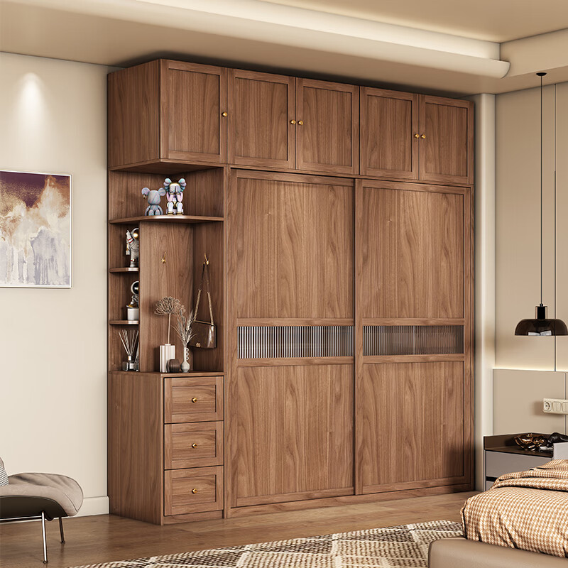 江南畔衣柜推拉门实木欧松板家用复古主卧室现代简约北欧胡桃色柜子