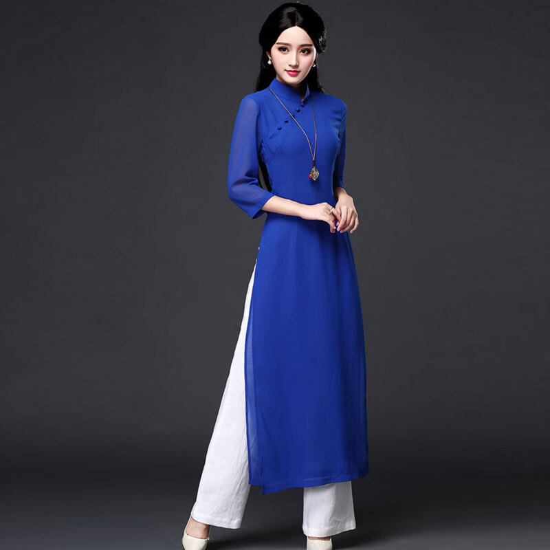 fengedun越南奥黛旗袍裙服装连衣裙女中式复古正宗雪纺改良长款夏季茶