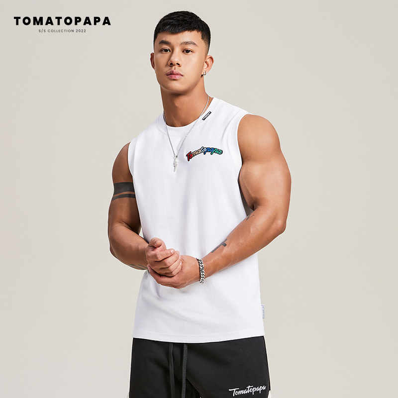 TOMATOPAPA原创运动背心男夏季纯色圆领宽松透气运动健身无袖上衣男潮 白色 S