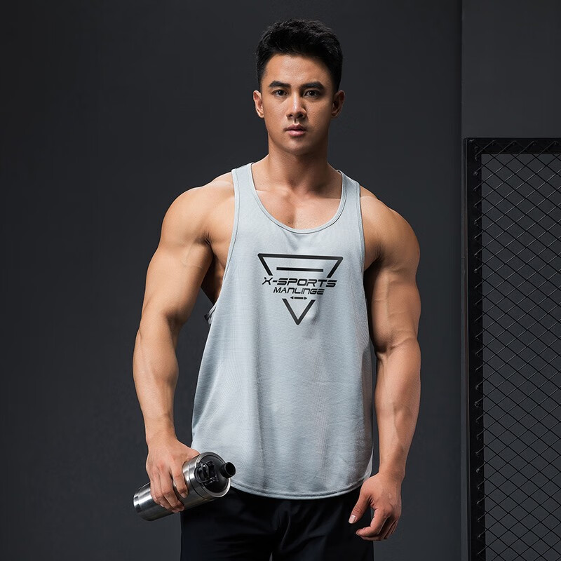 男士宽松工字运动速干衣无袖肌肉训练高弹力吸汗透气 银灰色 l/175