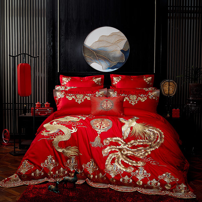 140贡缎提花中式全棉刺绣婚庆多件套结婚四件套喜被结婚被子红色 美人
