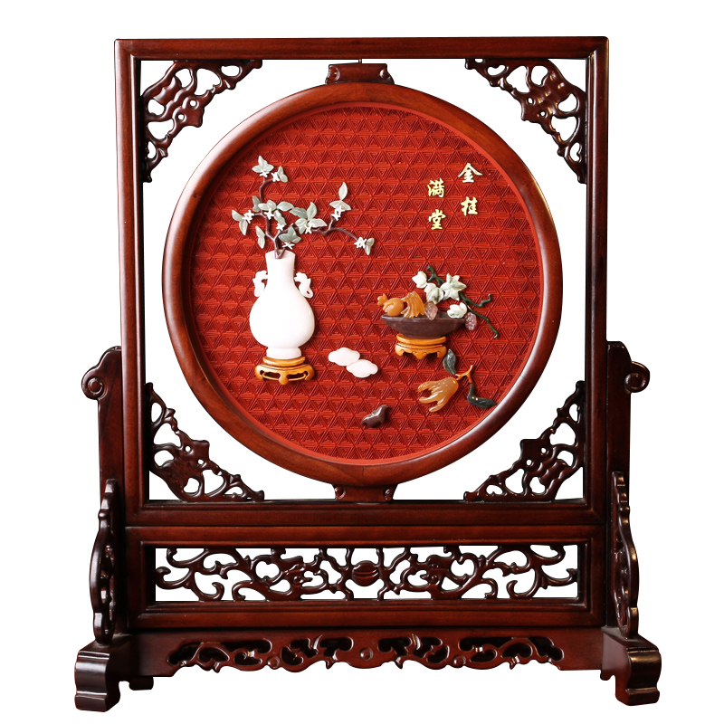 漆花（qihua）揚(yáng)州漆器廠手工雕漆嵌玉臺(tái)屏擺件裝飾禮品商務(wù)禮品送親朋新年禮物 金桂滿堂
