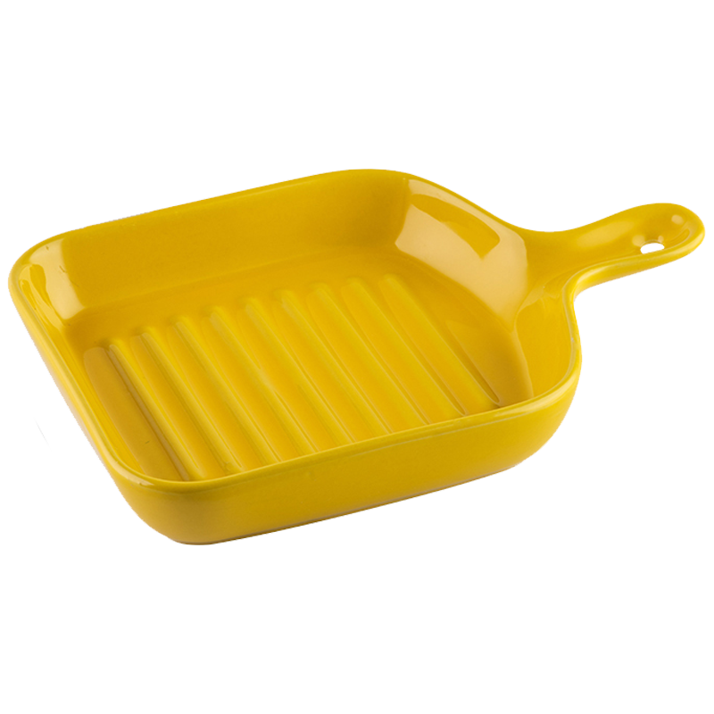 北欧ins风陶瓷圆形单柄烤盘创意家用烘焙焗饭盘带把手的网红盘子 黄色 手柄方盘