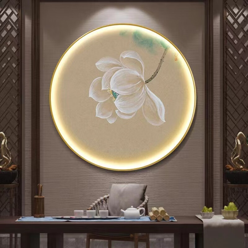 圆形装饰画轻奢玄关书房禅意灯画茶室水墨意境莲花圆画 a款意境荷花