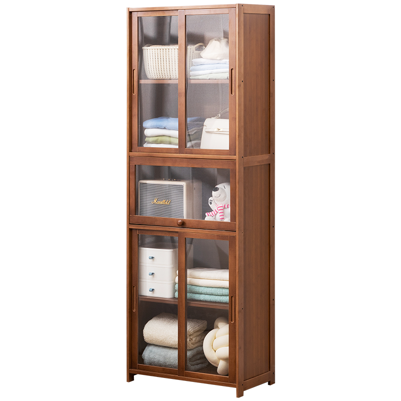 木马人玩具收纳架阳台柜子储物飘窗柜多层置物架杂物柜侧边边角柜客厅家用储藏矮柜小壁柜带门落地柜 【透明双向移门】茶色-四层60长(四门)