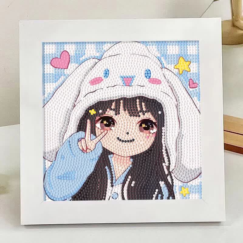 库洛米女孩新款钻石画满钻卡通DIY儿童粘贴手工制作钻石贴画相框 爱心女孩002【画布20*20】 画布+钻石工具+木制相框+彩盒怎么看?