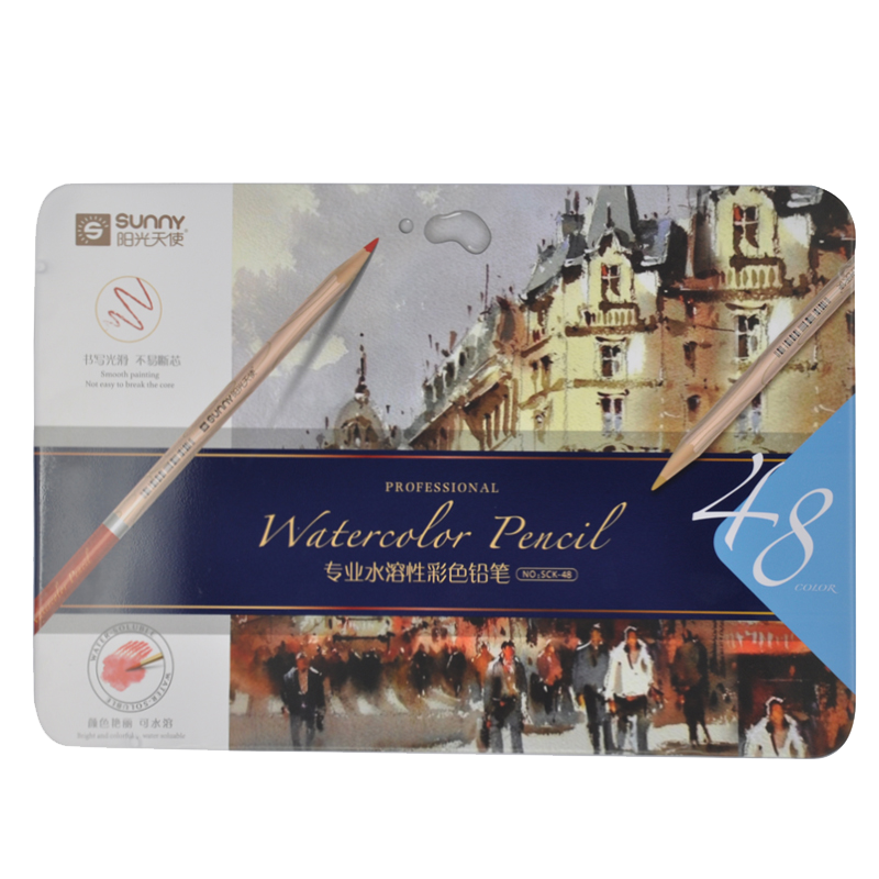 陽(yáng)光天使 陽(yáng)光天使24色  油性彩鉛彩色鉛筆粗筆芯原木秘密花園素描涂鴉鐵盒裝 48色水性彩鉛