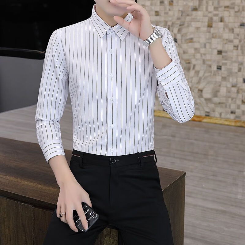 九牧王(joxod)春秋高端竹纤维条纹衬衫男长袖商务休闲条纹 8807白色