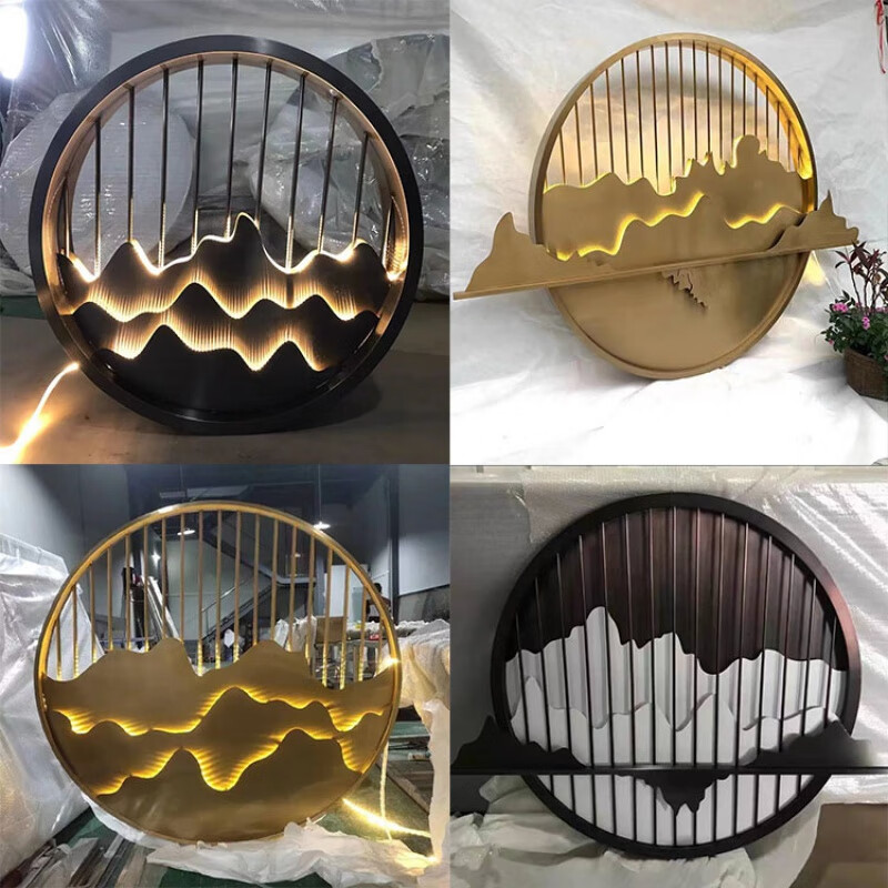 崇缘阁客厅屏风款  不锈钢304新中式圆形屏风山水玄关装饰雕花定制