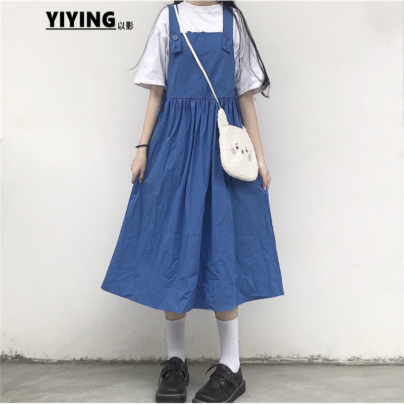 以影背带裙衣服套装裙子女学生新款白色t宽松高腰日系可爱减龄长款