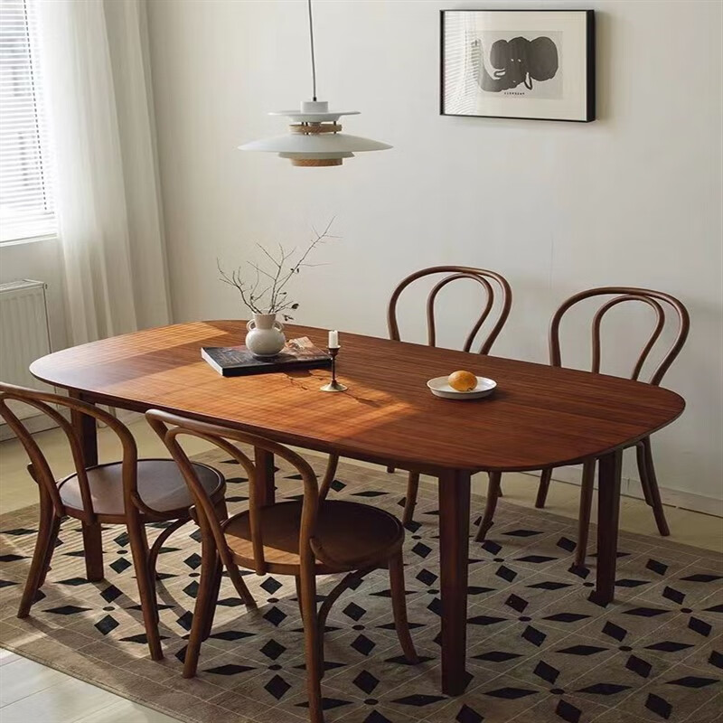 椅组合中古家用小户型椭圆形复古吃饭桌子设计师书桌 140*70*75花旗松