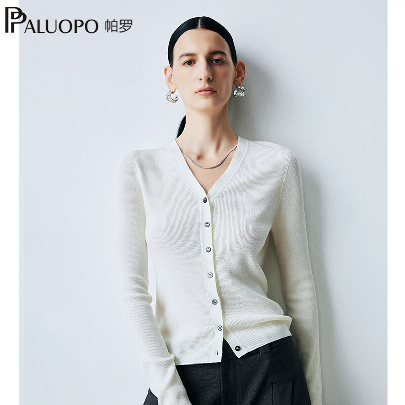 帕罗(PALUOPO)【精纺可机洗】秋冬新款v领纯羊毛开衫女针织衫毛衣60支扬子纱 白色 S 155/95