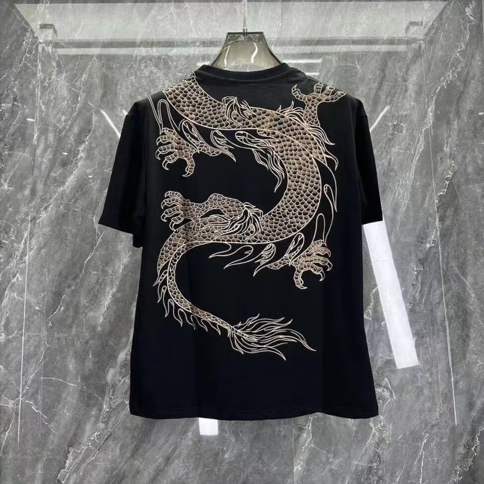 单层防晒春夏新款过肩龙烫钻夹克精神小伙龙纹印花 过肩龙短袖黑色 m