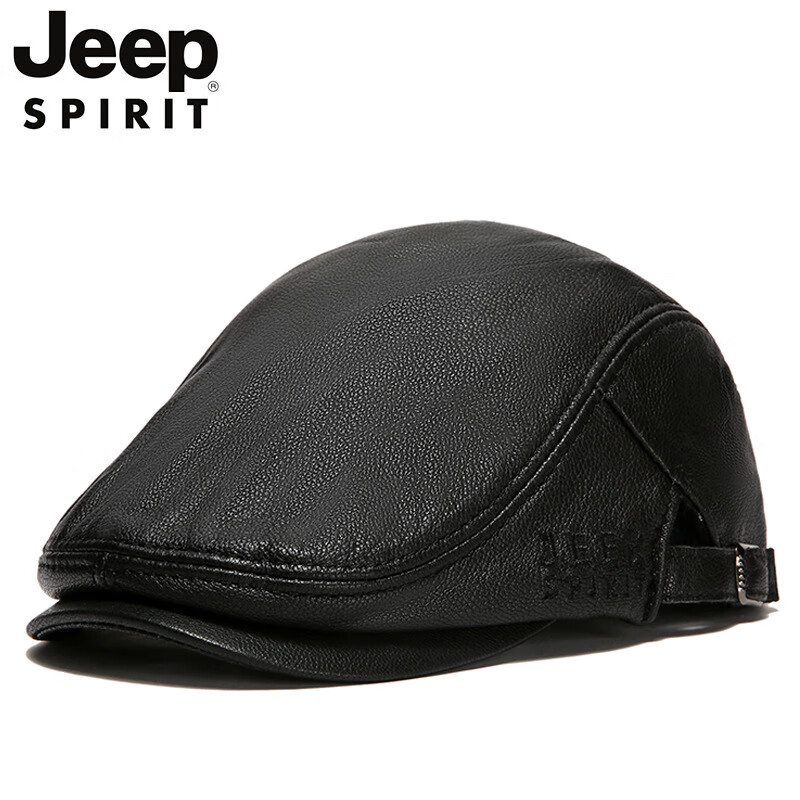 JEEP SPIRIT羊皮貝雷帽薄款鴨舌帽男韓版老人前進帽保暖真皮帽子女秋冬天百搭 0148黑色 可調(diào)節(jié)