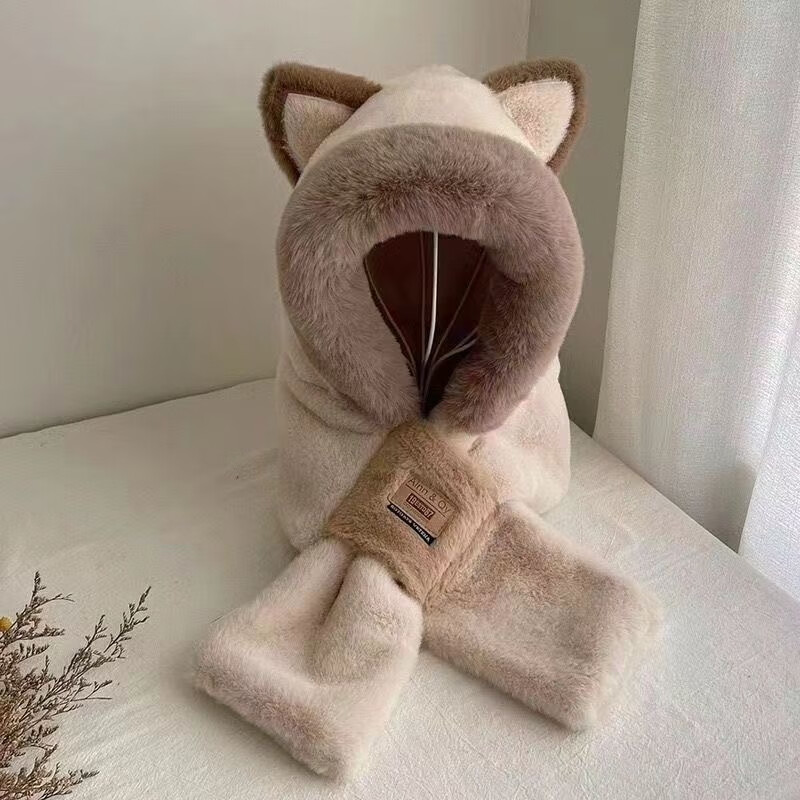 萃然詩女冬季毛絨帽保暖加厚防凍防風(fēng)連帽圍脖二件套 咖啡色