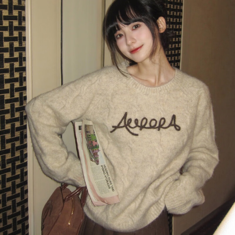 雷黛茜奶fufu毛衣女春秋慵懒风美式复古毛绒绒辣妹设计感小众宽松针织衫 云朵白 S