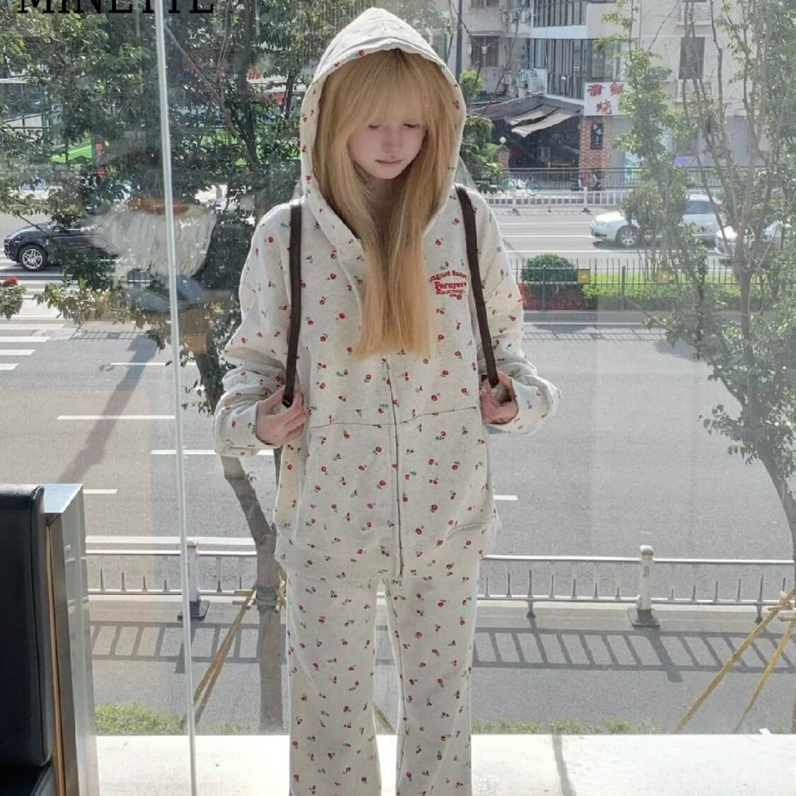 镜渝先生minette纯棉美式复古休闲运动服套装女冬季碎花卫衣卫裤两件