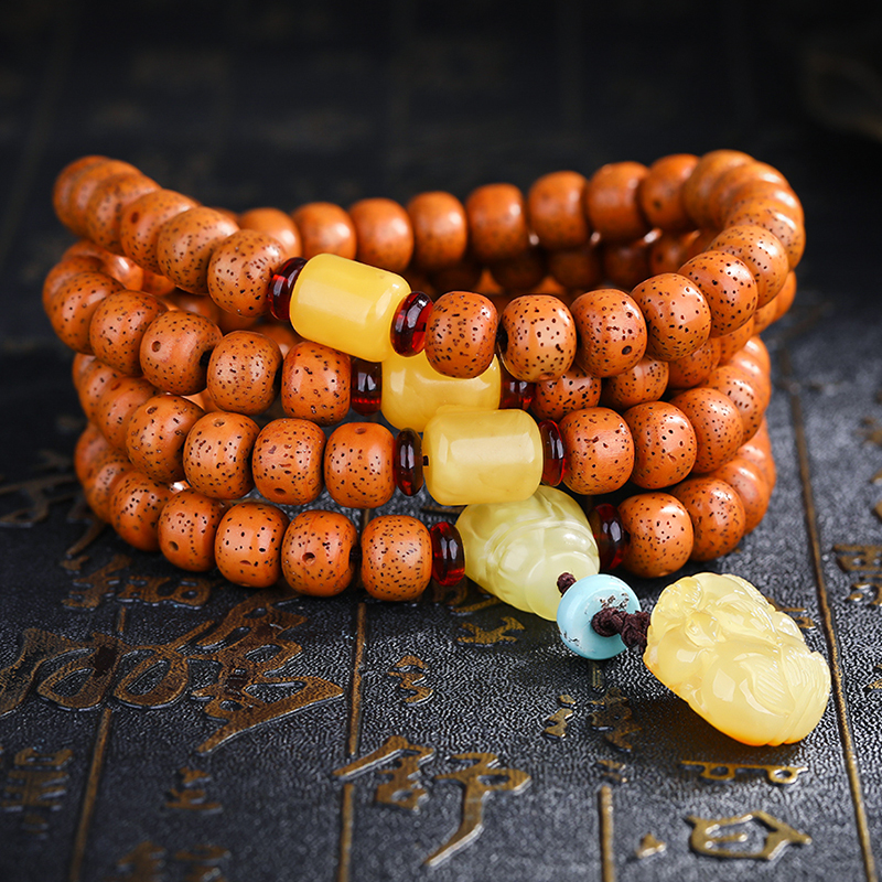 妍韵珠宝 老陈籽星月菩提子手串 蜜蜡貔貅吊坠文玩佛珠木手串把件手持