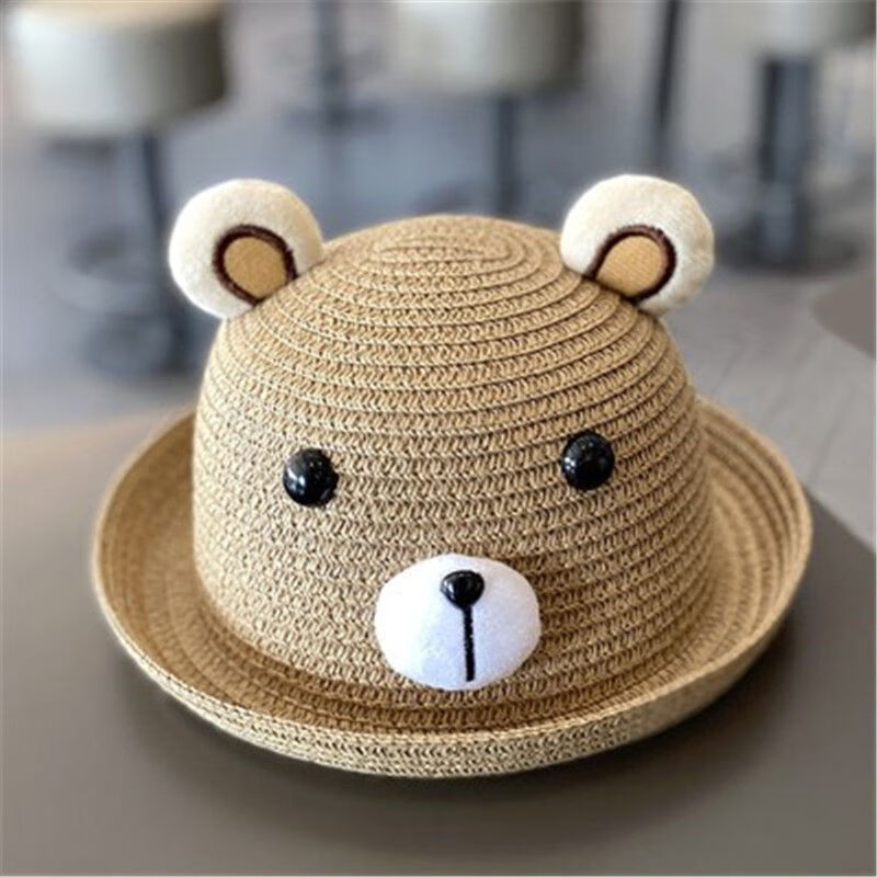 款透气遮阳凉帽女宝宝可爱出游休闲沙滩 渔夫帽草帽-大鼻子熊-卡其色