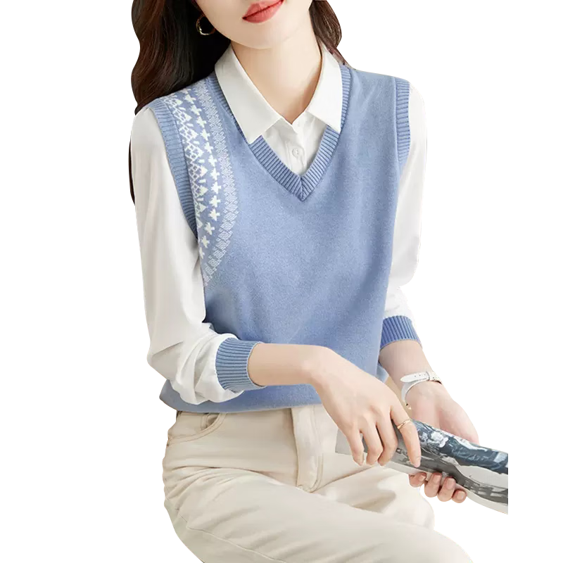 红蜻蜓 针织衫女假两件打底女装毛衣女春季新款韩版polo领上衣衫 蓝色常规 均码 （适合80-130斤）