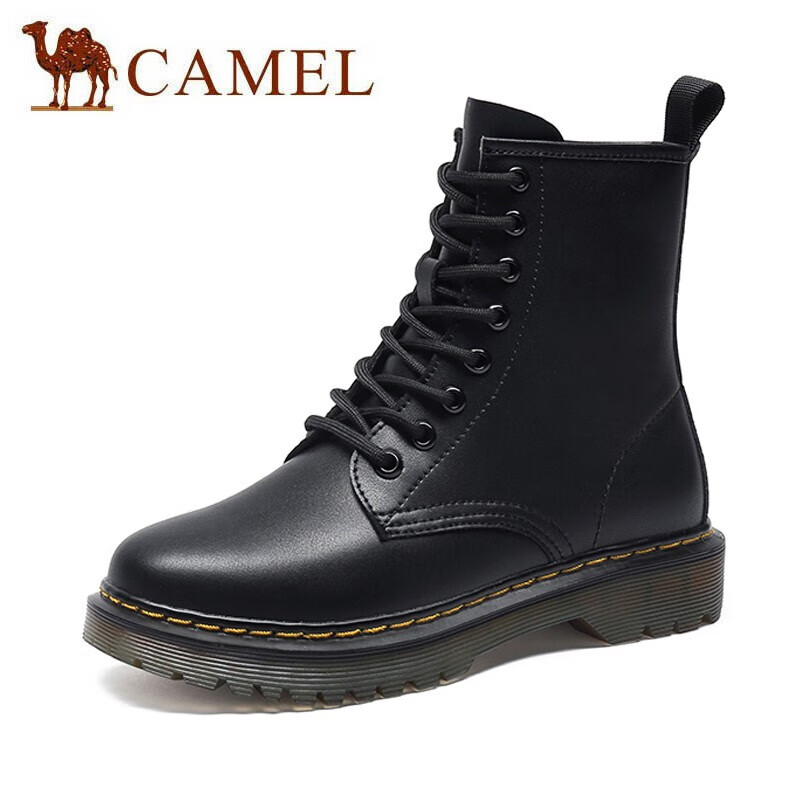 骆驼（CAMEL）女鞋 经典时髦8孔系带车缝线粗跟马丁靴 A04503691 黑色 38