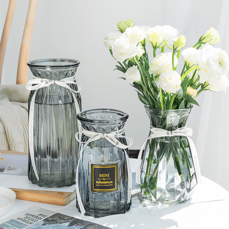魅扣北欧玻璃花瓶三件套透明干花创意客厅插花水养简约百合摆件 紫灰三件套 15钻石 15贴纸 15南瓜 虎窝购