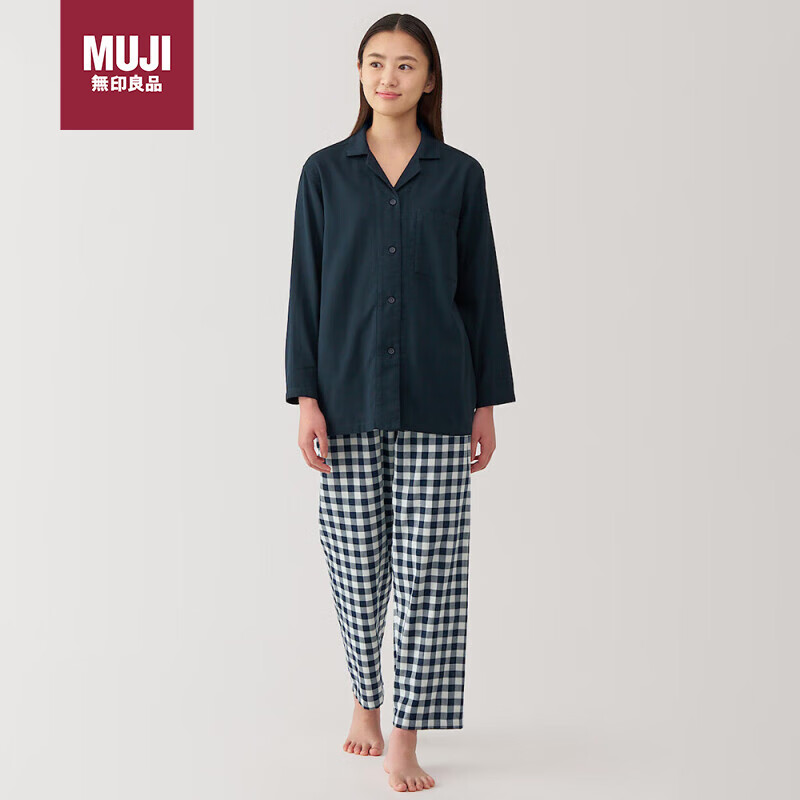 无印良品（MUJI）女式 无侧缝双层纱织 睡衣 家居服套装  深藏青色格纹 M