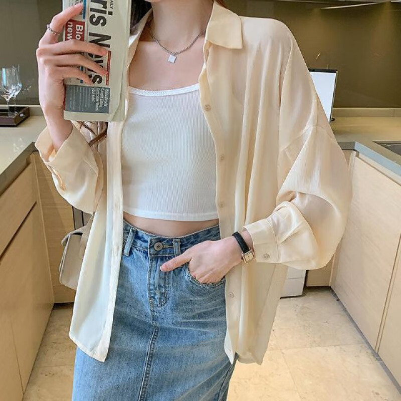 衬衫衣女夏季薄款披肩配吊带子的外搭罩衫冰丝外套 香槟色【面料】 s