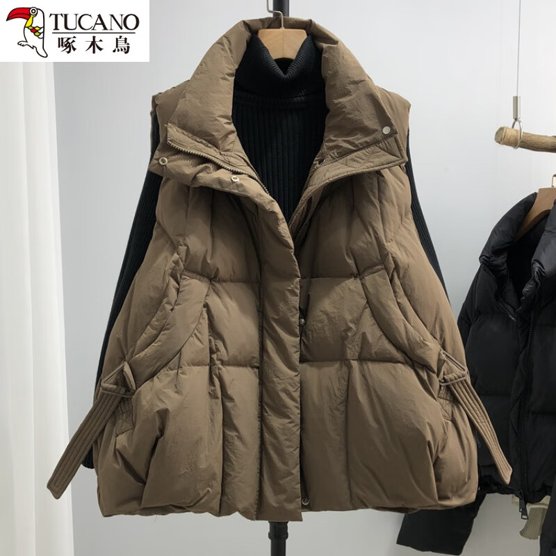 啄木鸟加厚仿羽绒服马甲女短款宽松显瘦时尚洋气鸭绒背心外穿秋新款马夹 褐色 4XL 175-200