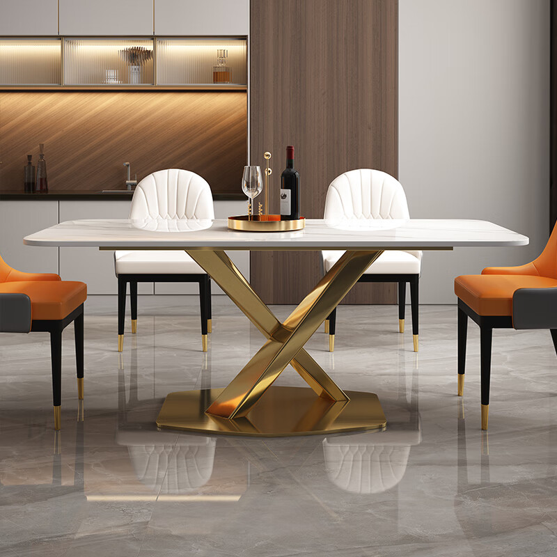 左诺森轻奢岩板餐桌椅组合现代简约家用大小户型长方形桌子极简亮光饭桌 1.6米亮光岩板餐桌+4把轻奢皮椅