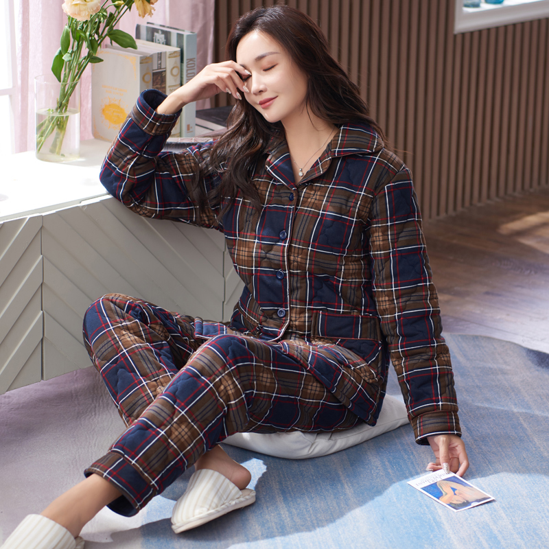 冬款居家棉服睡衣女士秋冬季加厚纯棉格子冬天保暖夹棉家居服套装 g
