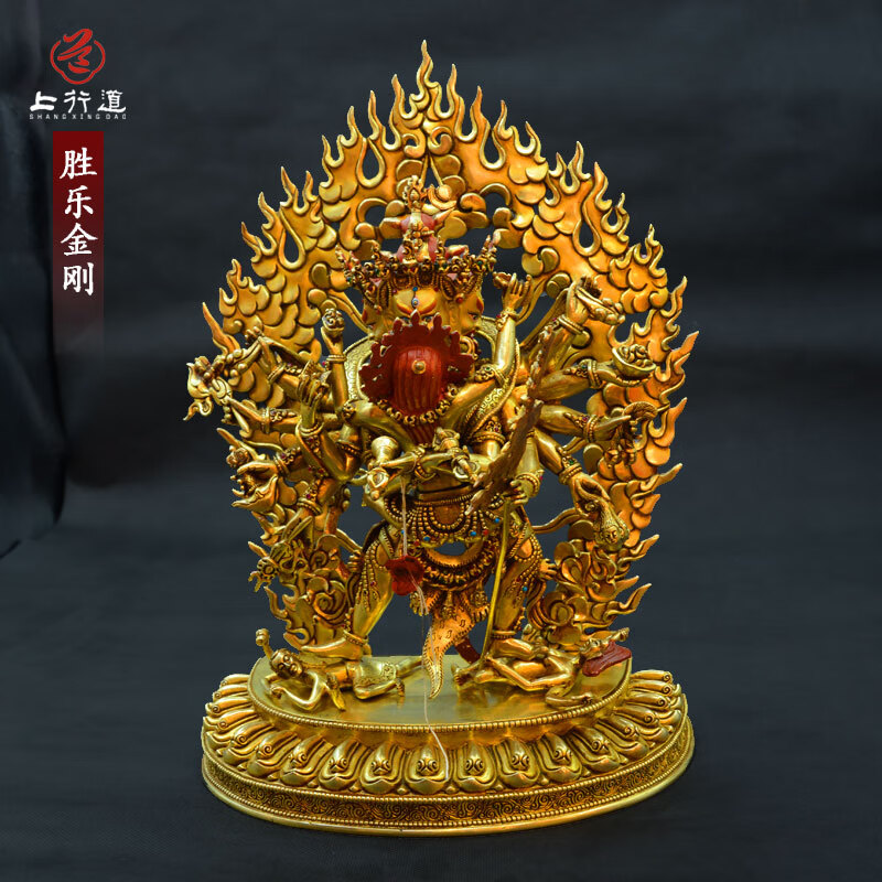 上行道 摆件胜乐金刚尼泊尔紫铜手工鎏金带背光客厅复古怀旧艺术品 不