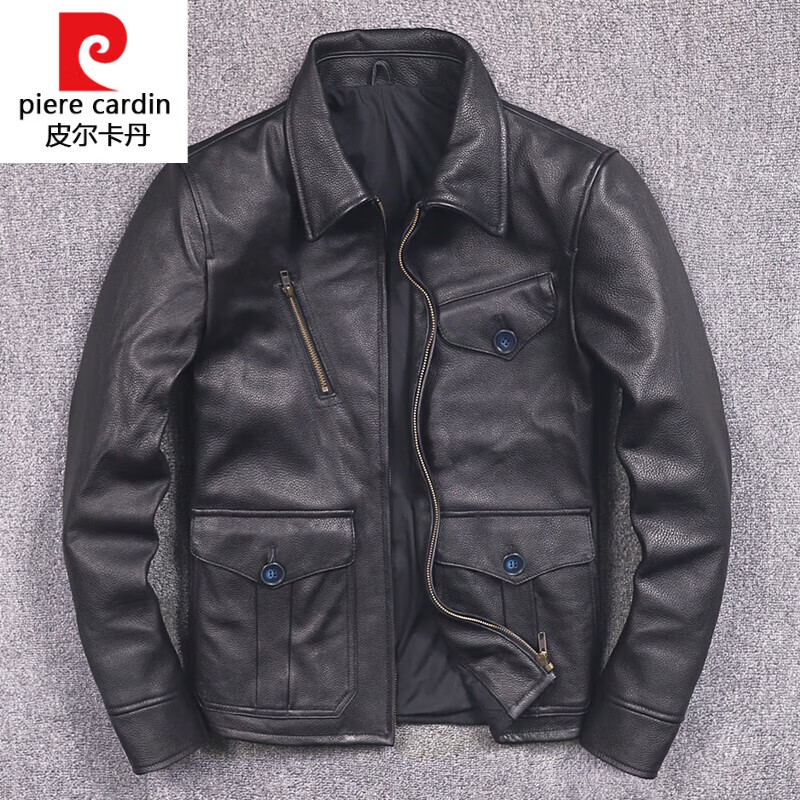 皮尔卡丹品牌高档男装头层牛皮机车服真皮皮衣男士翻领皮夹克修身短款