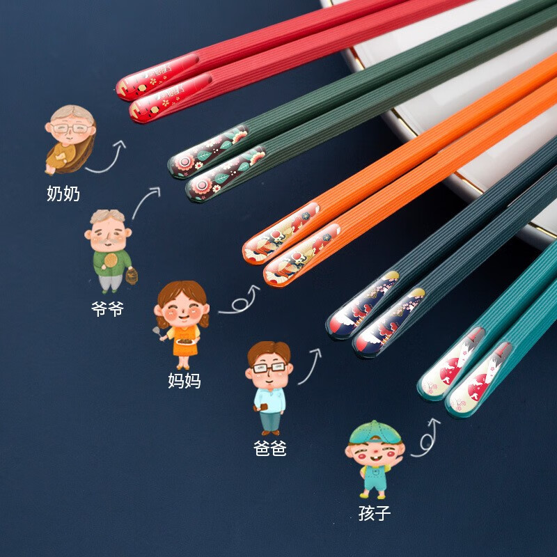 创意筷子家用日式尖头筷子网红合金筷子彩色家庭筷子快子防霉防滑 日式混色五双装
