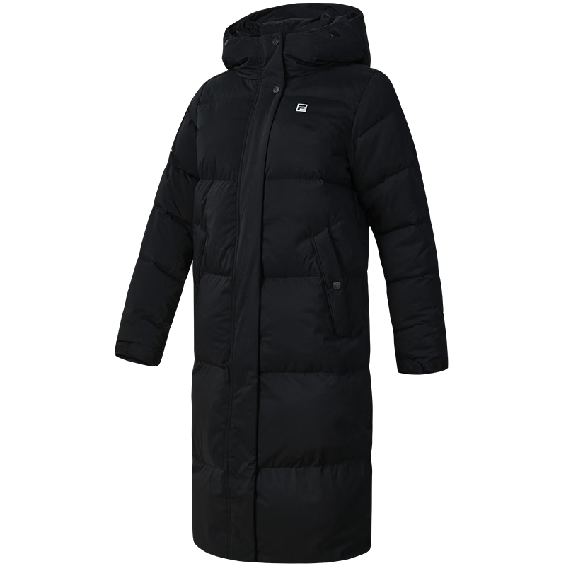 FILA 90鹅绒|斐乐官方女装长款羽绒服冬季运动连帽保暖羽绒外套 深黑-BK L 170/88A/L