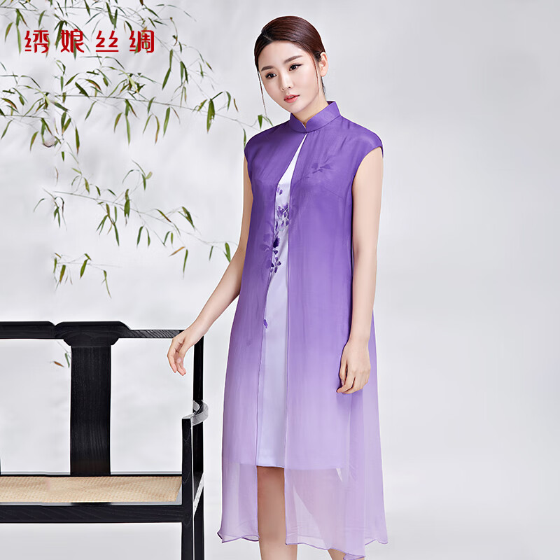 绣娘丝绸真丝旗袍改良版新中式长款连衣裙如蝶 紫色 160/m