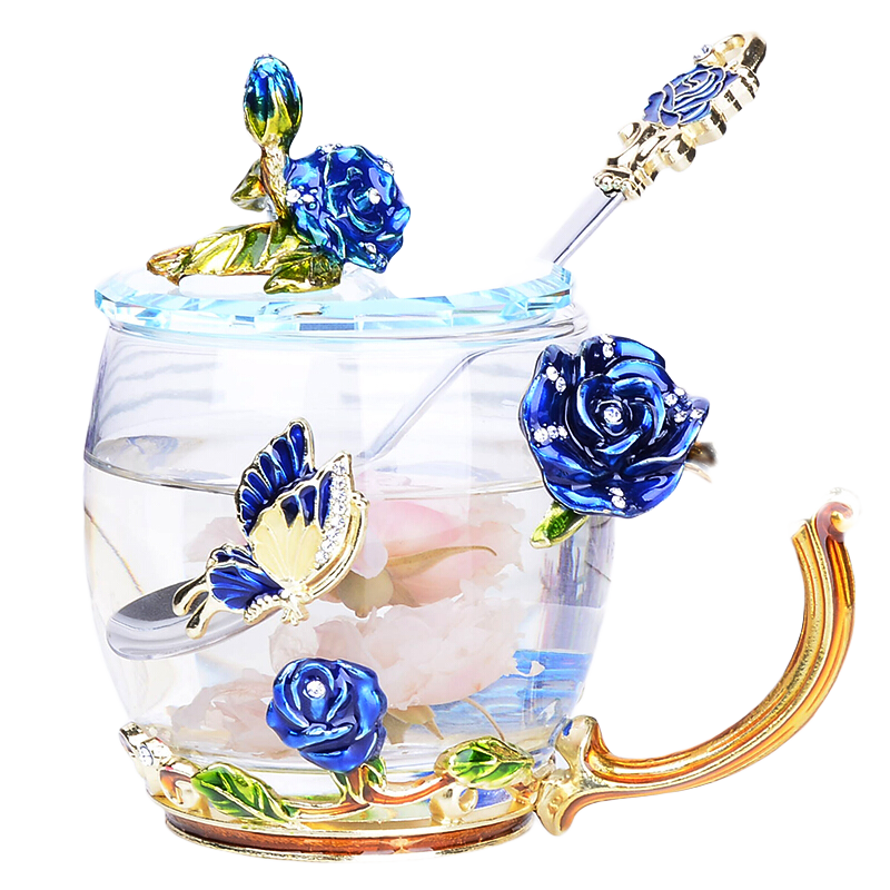 Luxury Flowers創(chuàng)意藍(lán)玫瑰琺瑯彩水杯茶杯歐式玻璃果汁杯套裝家用耐高溫花茶杯送 藍(lán)玫瑰高矮+杯蓋+勺-禮盒 350ml