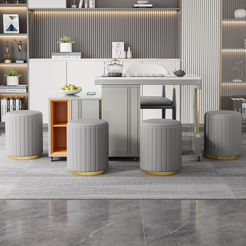 康佰汇岩板茶台烧水壶一体现代可移动阳台喝茶桌椅组合客厅多功能小茶几 单茶桌+1主人椅+4圆凳 白色柜体+雪山白岩板