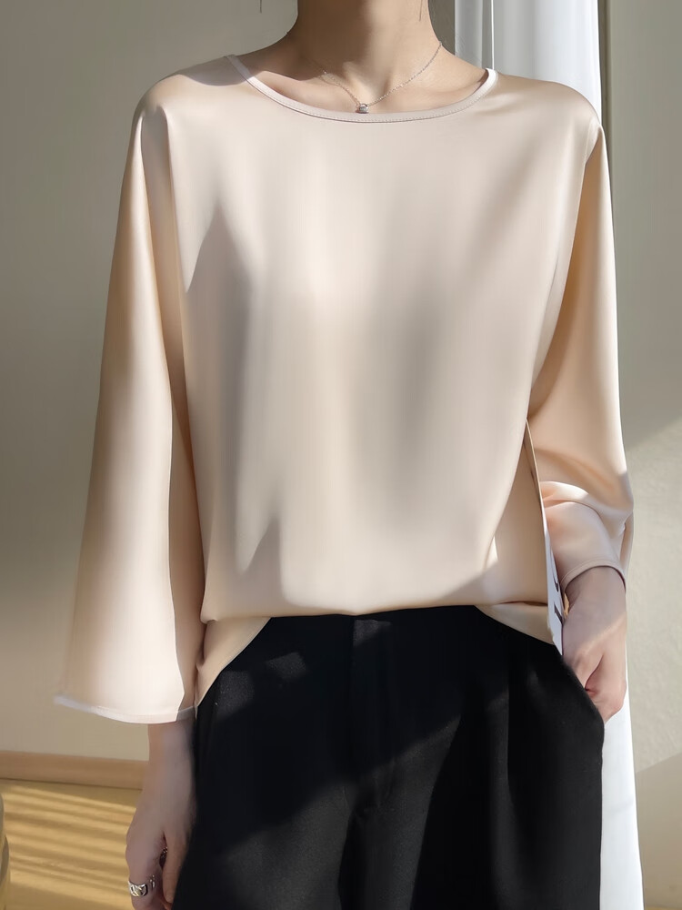 衬衫女纯色桑蚕丝绸缎面衬衣七分袖醋酸气质上衣 香槟色 m (80-110斤)