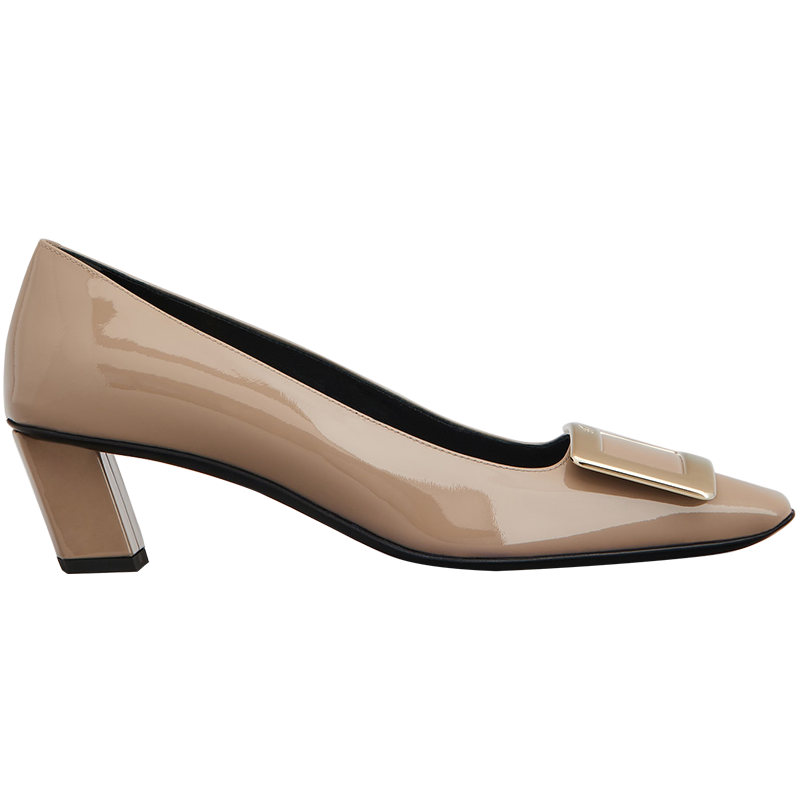 ROGERVIVIER/RV女鞋Belle Vivier漆皮方扣粗跟高跟鞋單鞋 駝色 40 建議拍小半碼，詳詢客服