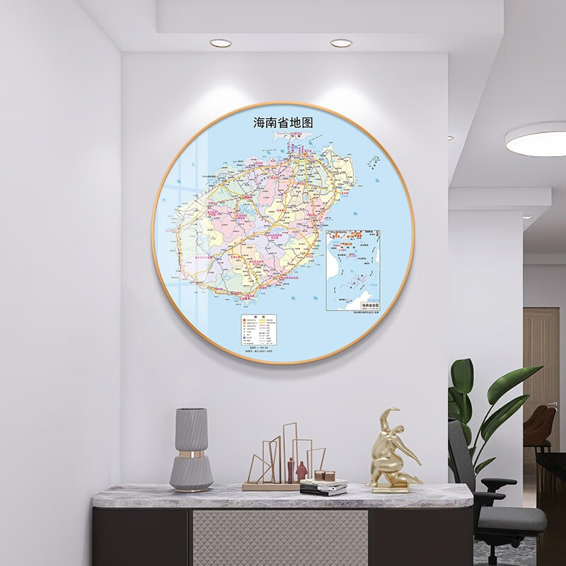 北京全国各省地图办公室书房玄关装饰画客厅餐厅背景墙画圆形挂画 海南省地图-QY-004897 镜面水晶画+60*60+金色铝合金画框