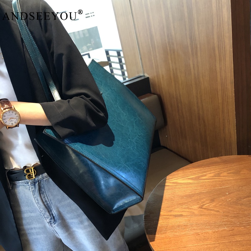 ANDSEEYOU單肩包女大包2025新款真皮文件包時(shí)尚托特牛皮大容量公文通勤女包 孔雀藍