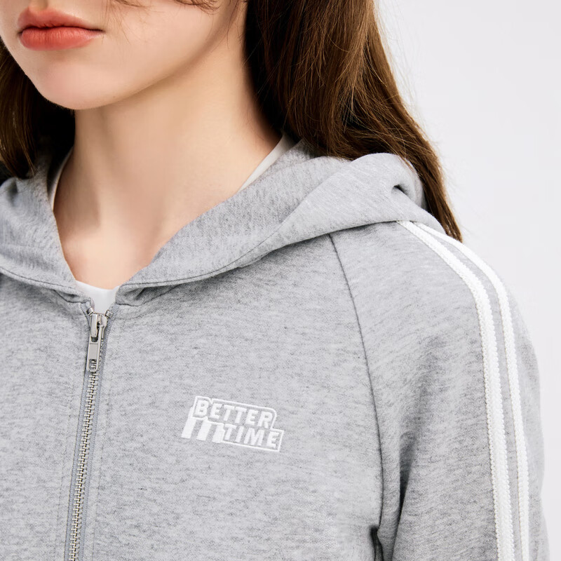 乐町韩系学院风秋季新款修身运动连帽衫收腰拉链开衫卫衣外套 灰色(现货) S