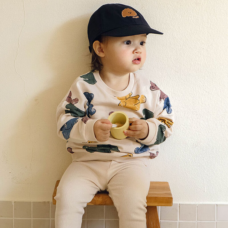 UBMOM韩国进口儿童男女秋季衣服宝宝小熊郁金香长袖长裤套装 米色小熊 110