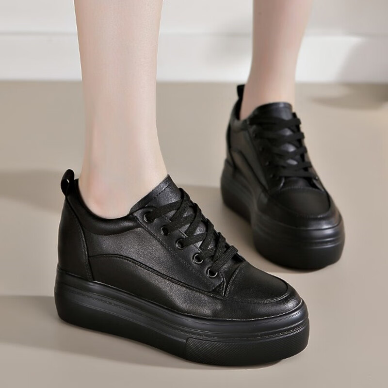 波徊黑色内增高女鞋增高8cm显瘦显高牛皮厚底小黑鞋子旅游休闲运动鞋