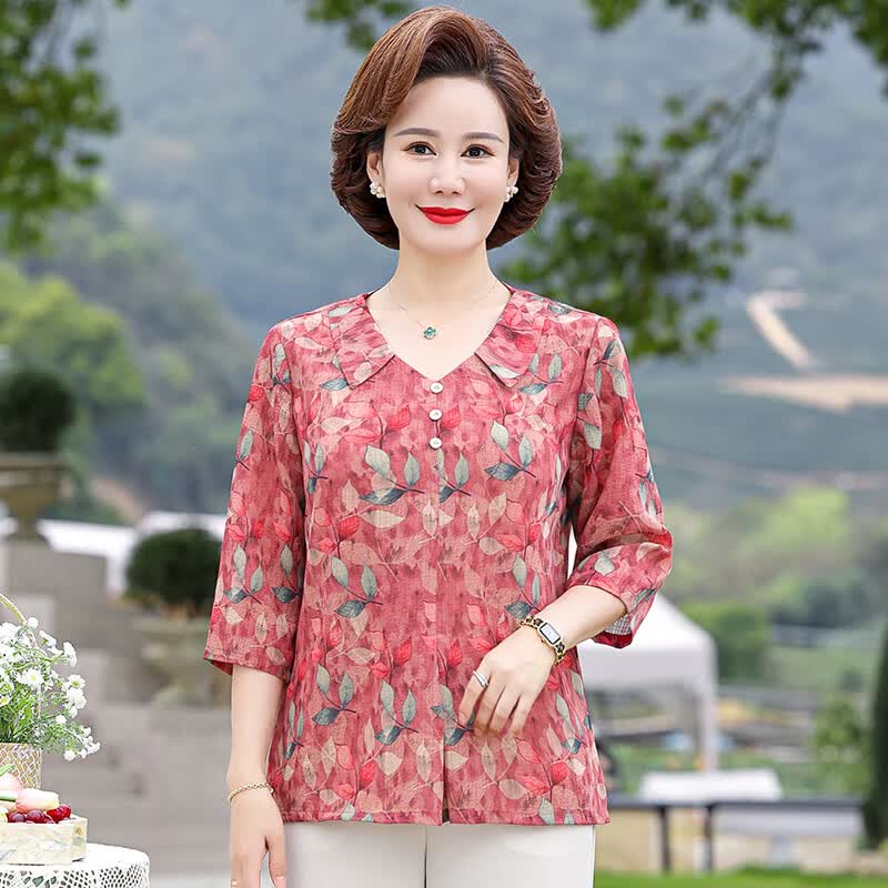 路蒙卡帝时尚品牌妈妈夏装雪纺套装洋气上衣服宽松遮肚中老年女夏季